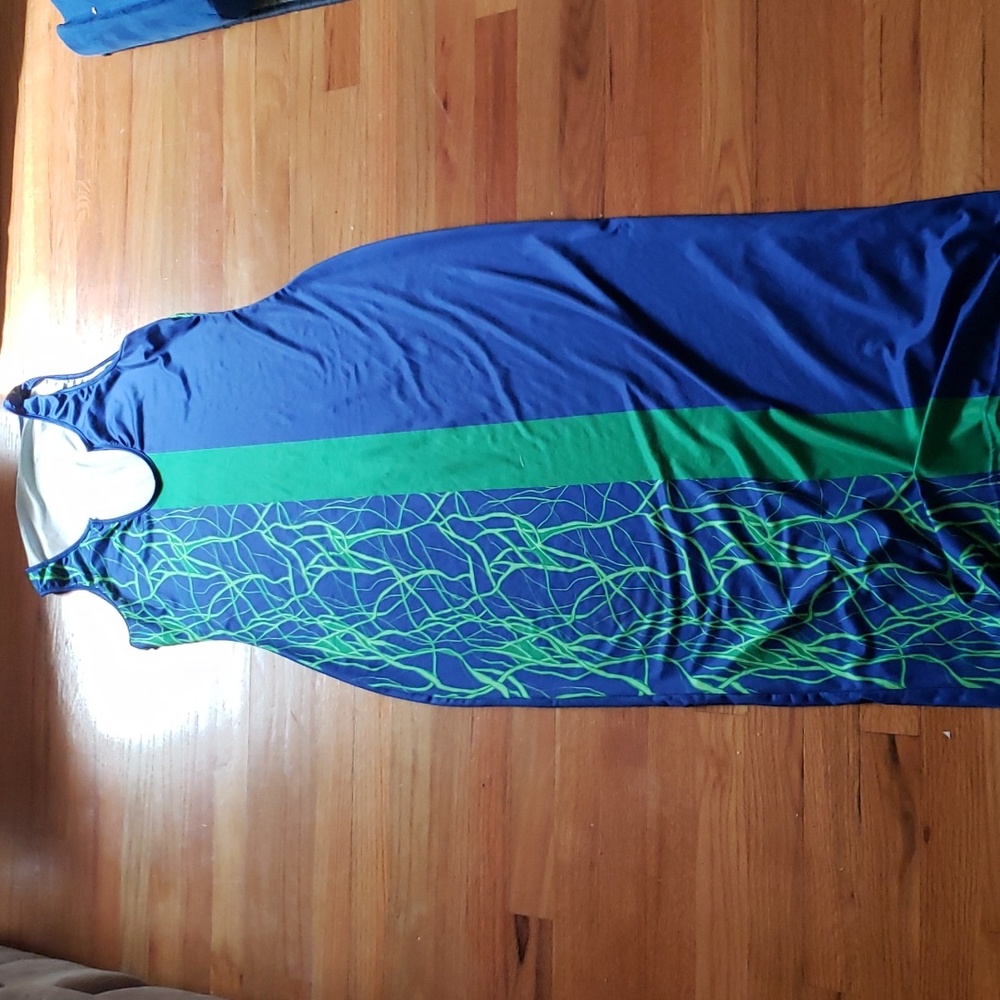 Lovely XL blue and green ankle length sundress with scoop neckline